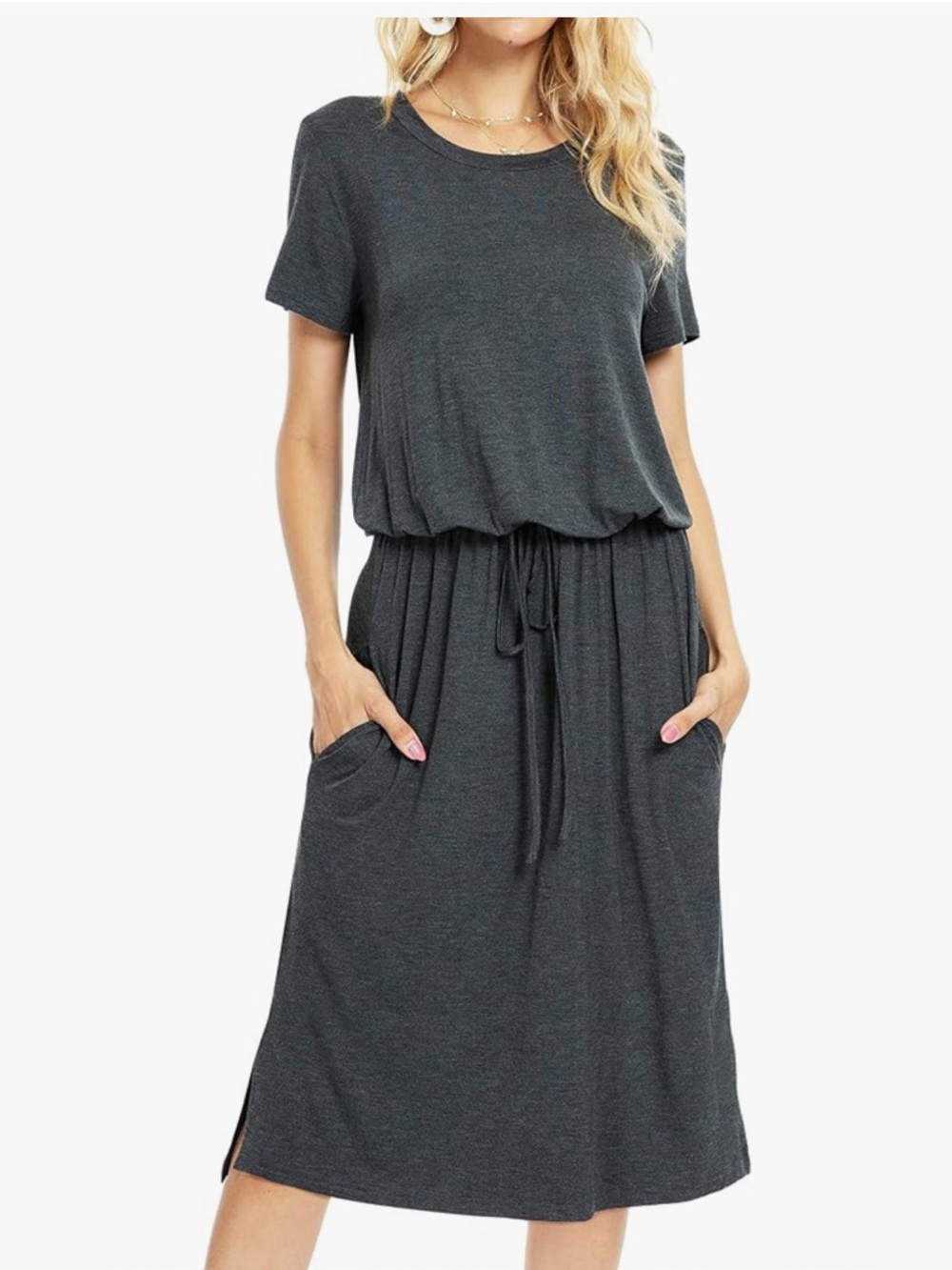 Simier Fariry Gray Heather Knit Short Sleeve Drawstring Waist Midi Dress Small